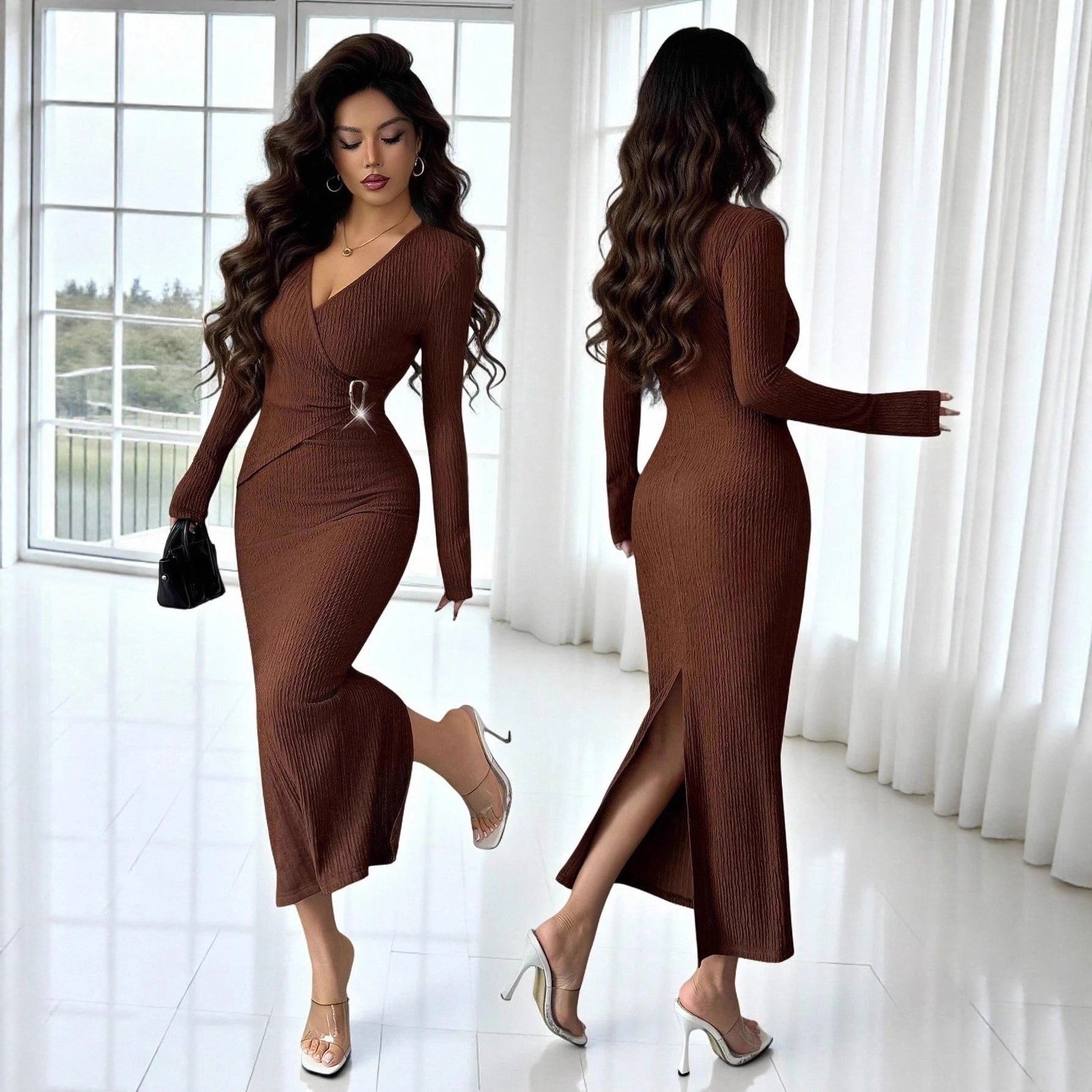 Woman in a brown ribbed knit long-sleeve slim-fit midi dress with a side slit and silver buckle detail, posing indoors