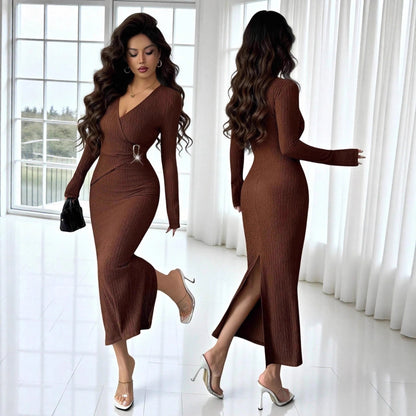 Woman in a brown ribbed knit long-sleeve slim-fit midi dress with a side slit and silver buckle detail, posing indoors