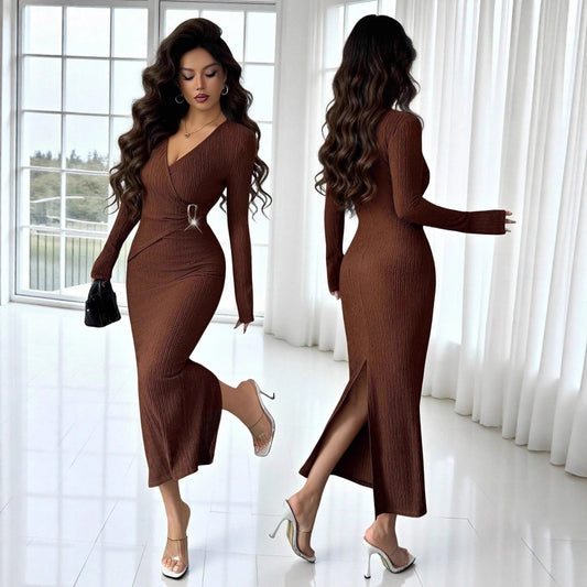 Woman in a brown ribbed knit long-sleeve slim-fit midi dress with a side slit and silver buckle detail, posing indoors
