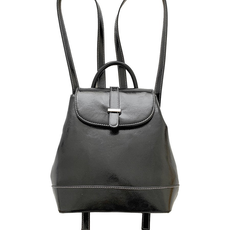 Black glossy PU leather small backpack with front flap and silver buckle closure
