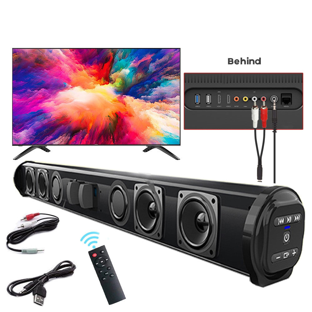 Black wireless Bluetooth soundbar with multiple speaker drivers, remote control, and connection cables, displayed with TV