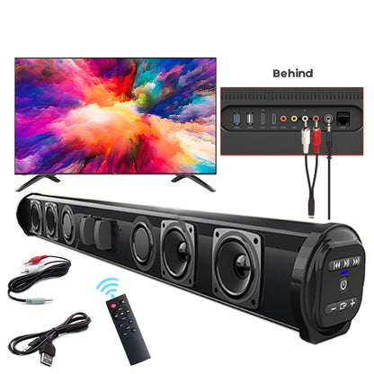 Black wireless Bluetooth soundbar with multiple speaker drivers, remote control, and connection cables, displayed with TV