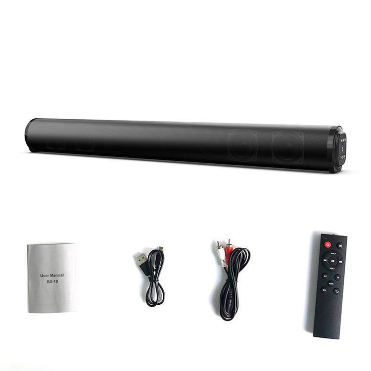 Black wireless Bluetooth soundbar with user manual, USB cable, audio cable, and remote control on white background