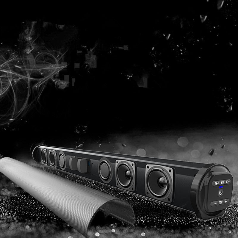 Trendoligy wireless Bluetooth soundbar with six speakers and black mesh cover on dark background