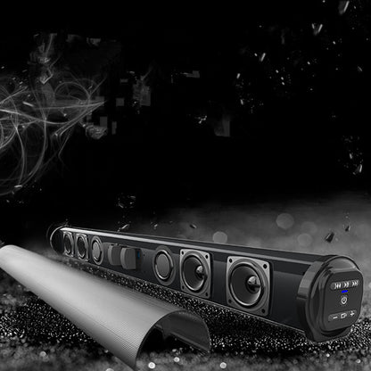 Trendoligy wireless Bluetooth soundbar with six speakers and black mesh cover on dark background