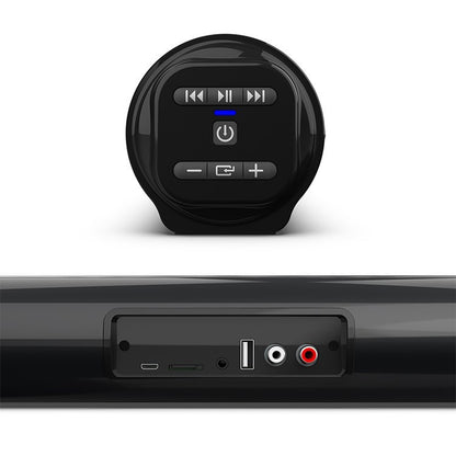 Wireless Bluetooth soundbar with remote control and multiple input ports including USB, aux, and RCA