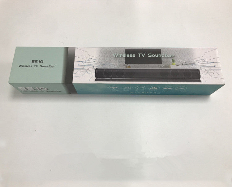 BS-10 Wireless TV Soundbar packaging box with product image and tech icons on white background