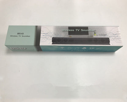 BS-10 Wireless TV Soundbar packaging box with product image and tech icons on white background