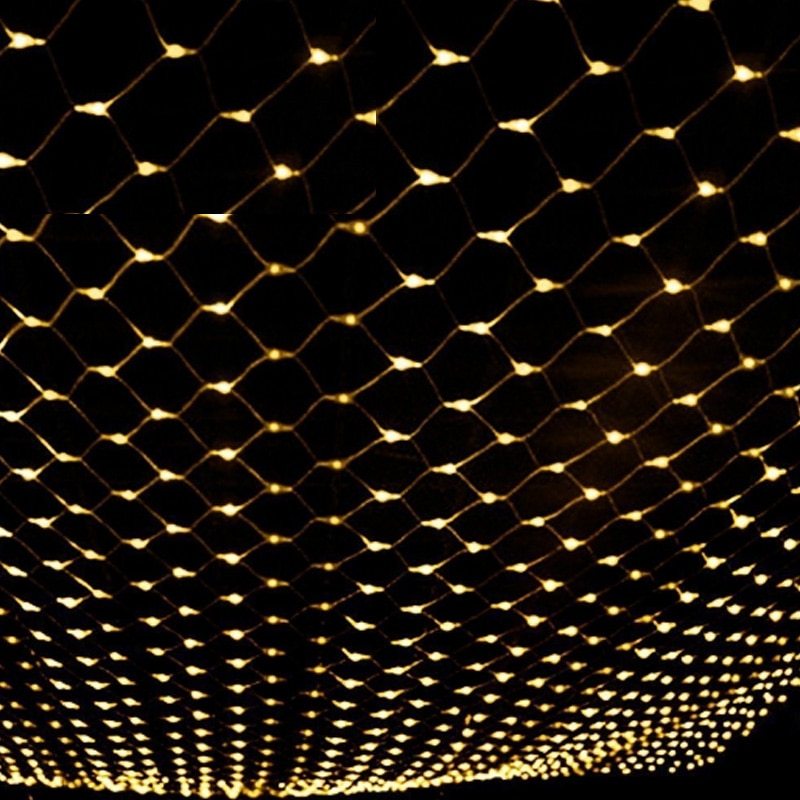 Warm white LED net lights arranged in a grid pattern, glowing against a dark background