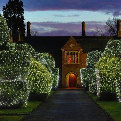 Outdoor evening scene with bushes wrapped in warm white Christmas LED net lights along pathway to historic brick building