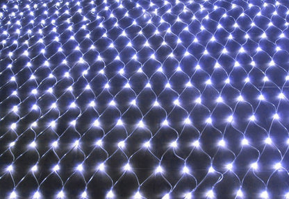 Waterproof outdoor LED net lights with warm white bulbs neatly arranged on a dark surface