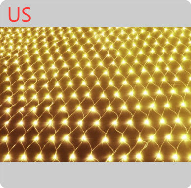 Waterproof outdoor warm white LED net lights with 672 glowing bulbs arranged in a grid pattern