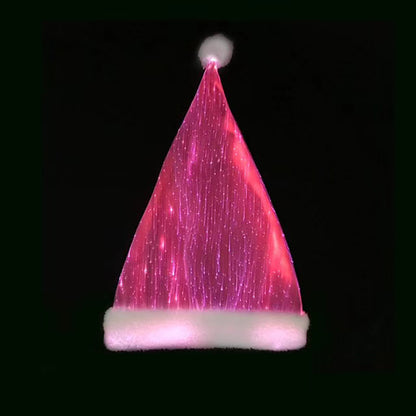 Colorful LED glowing Christmas Santa hat with fiber optic light effects and white trim on black background