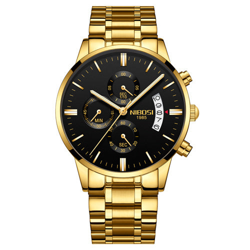 Luxury men's gold stainless steel chronograph watch with black dial and date display