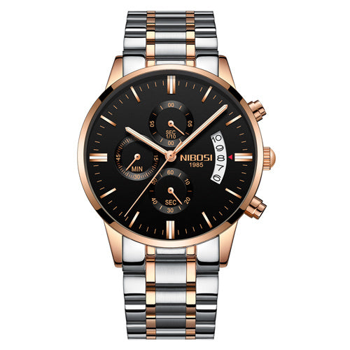 NIBOSI men's waterproof chronograph watch with black dial, rose gold and silver stainless steel band
