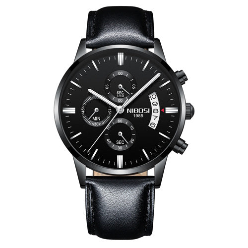 NIBOSI men's black gold chronograph watch with waterproof stainless steel and black leather strap