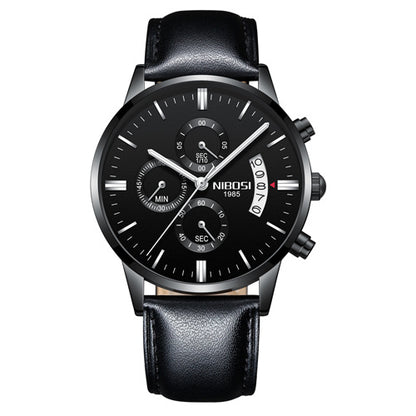 NIBOSI men's black gold chronograph watch with waterproof stainless steel and black leather strap