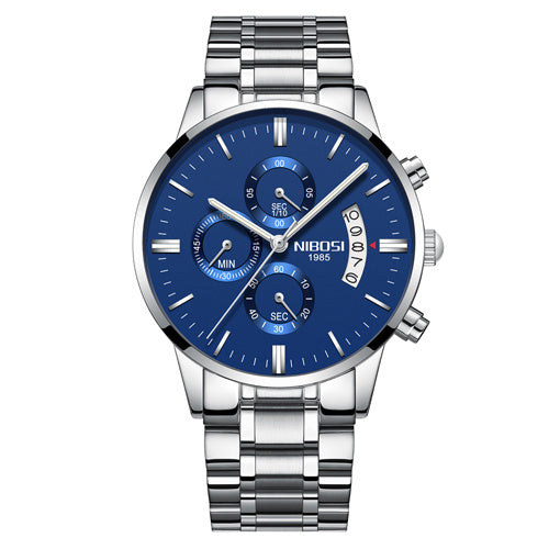NIBOSI men's stainless steel luxury chronograph watch with blue dial and date display