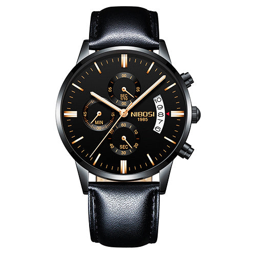 NIBOSI 1985 black and gold chronograph men's watch with leather strap and date display
