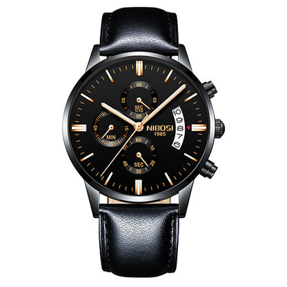 NIBOSI 1985 black and gold chronograph men's watch with leather strap and date display