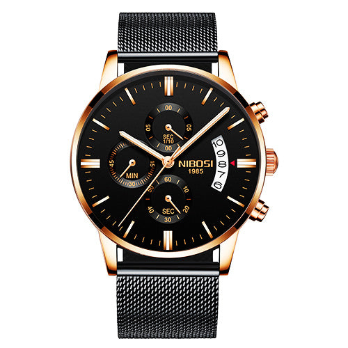 NIBOSI 1985 men's black and gold chronograph watch with stainless steel mesh band and date display