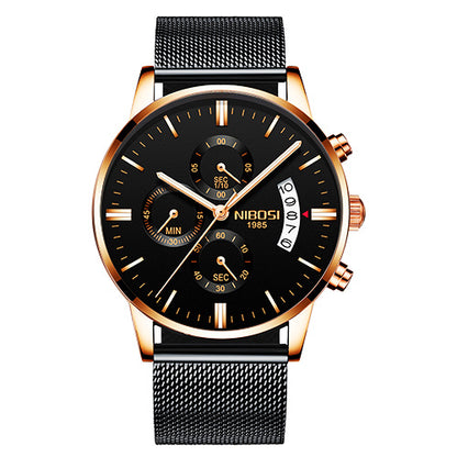 NIBOSI 1985 men's black and gold chronograph watch with stainless steel mesh band and date display