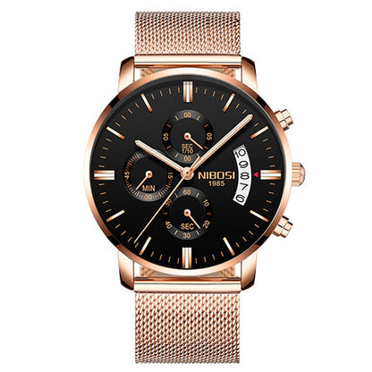 Rose gold NIBOSI 1985 men's chronograph watch with black dial and mesh stainless steel band