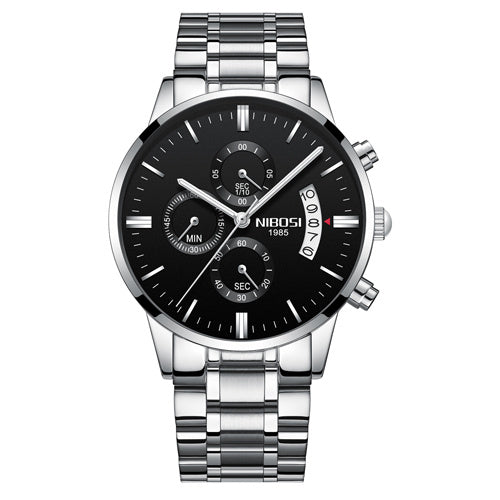 NIBOSI men's black dial chronograph watch with stainless steel silver bracelet and date display