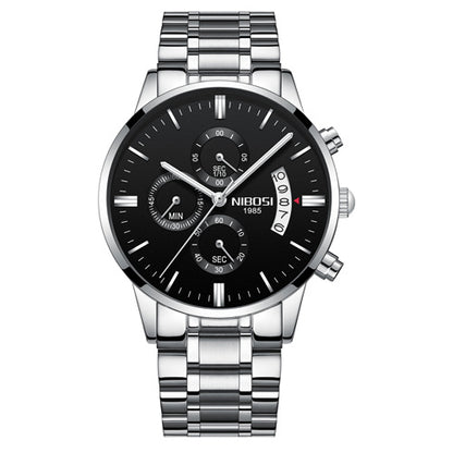 NIBOSI men's black dial chronograph watch with stainless steel silver bracelet and date display