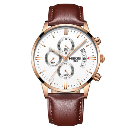 NIBOSI 1985 men's rose gold chronograph watch with white dial and brown leather strap