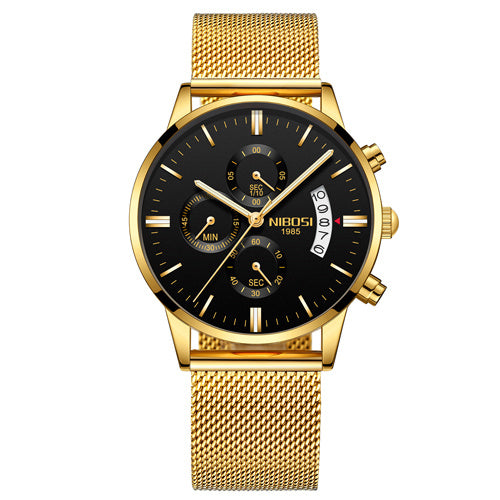 Gold stainless steel men's chronograph watch with black dial and date display