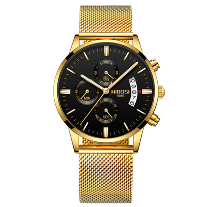 Gold stainless steel men's chronograph watch with black dial and date display
