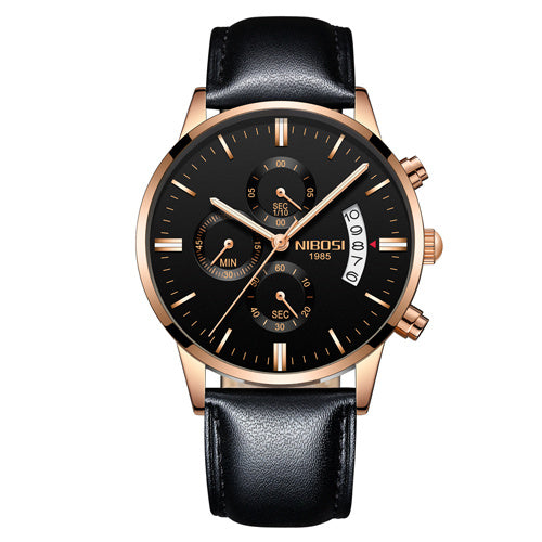 Black and gold Nibosi men's chronograph watch with leather strap and date display