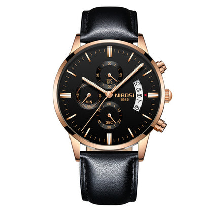 Black and gold Nibosi men's chronograph watch with leather strap and date display