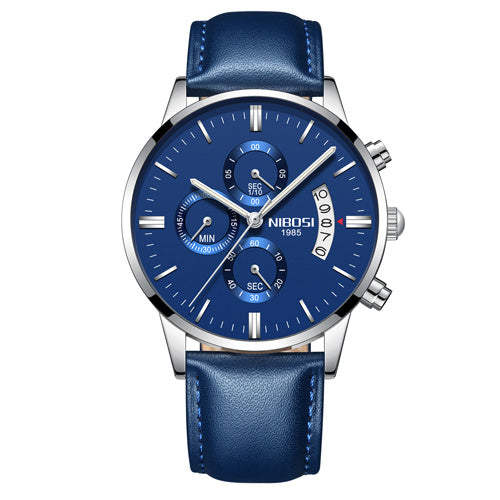 NIBOSI men's chronograph watch with blue dial, silver case, and blue leather strap