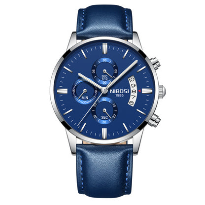 NIBOSI men's chronograph watch with blue dial, silver case, and blue leather strap