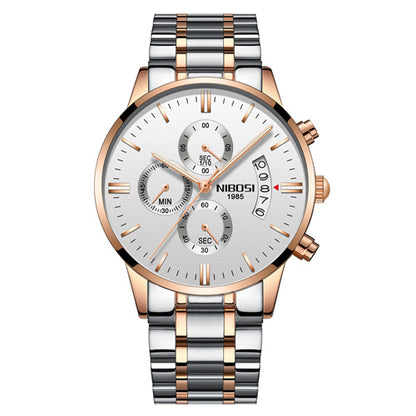 Nibosi men's luxury chronograph watch with rose gold and silver stainless steel band