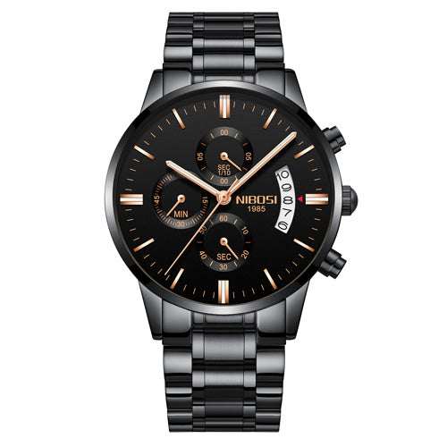 NIBOSI men's black and gold chronograph watch with stainless steel bracelet and date display
