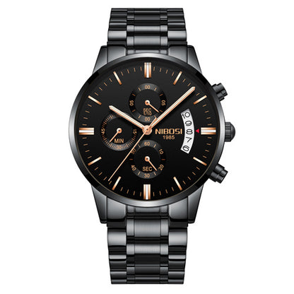 NIBOSI men's black and gold chronograph watch with stainless steel bracelet and date display