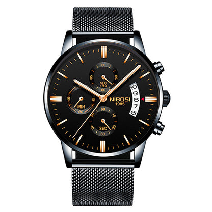 Black and gold NIBOSI 1985 men's chronograph watch with stainless steel mesh strap and date display
