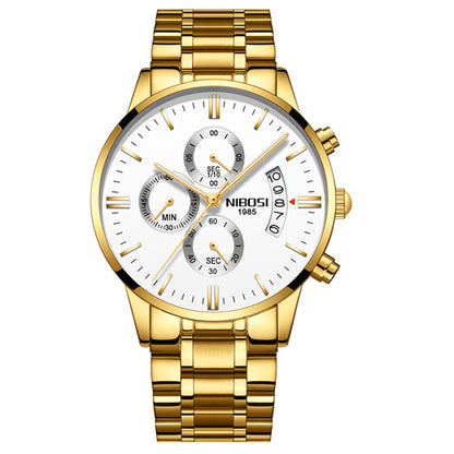 Gold stainless steel men's chronograph watch with white dial, date display, and three subdials