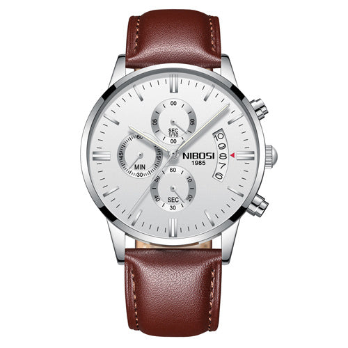 NIBOSI men's chronograph watch with white dial, three subdials, stainless steel case, and brown leather strap