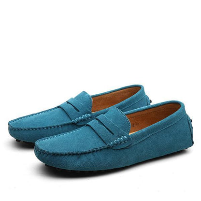 Men's dark blue suede driving loafers with cowhide leather interior and rubber anti-skid sole