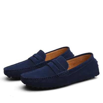 Dark blue men's driving shoes made of cowhide leather with anti-skid rubber sole loafers