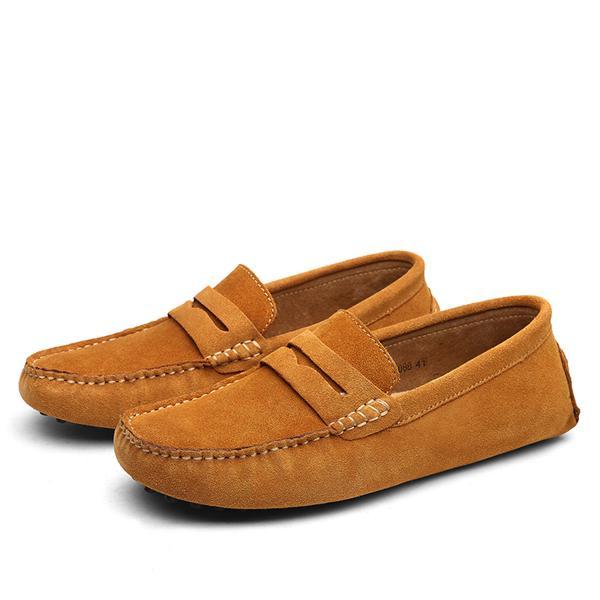 brown men's suede loafers with stitched details and moccasin design on white background