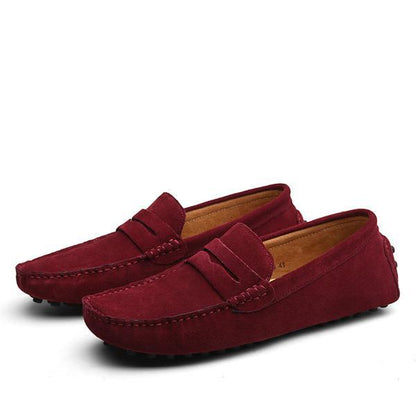 men's dark red suede driving loafers with stitched details and rubber outsole