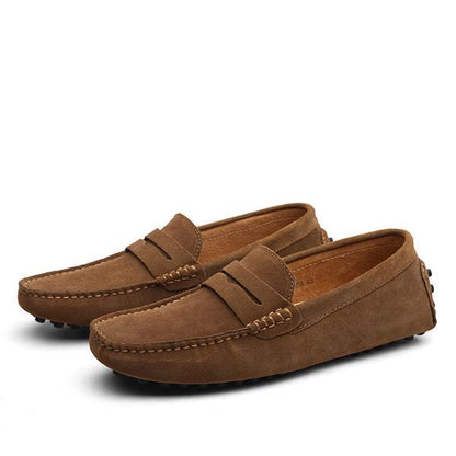 Brown cowhide leather men's driving loafers with comfortable anti-skid rubber sole
