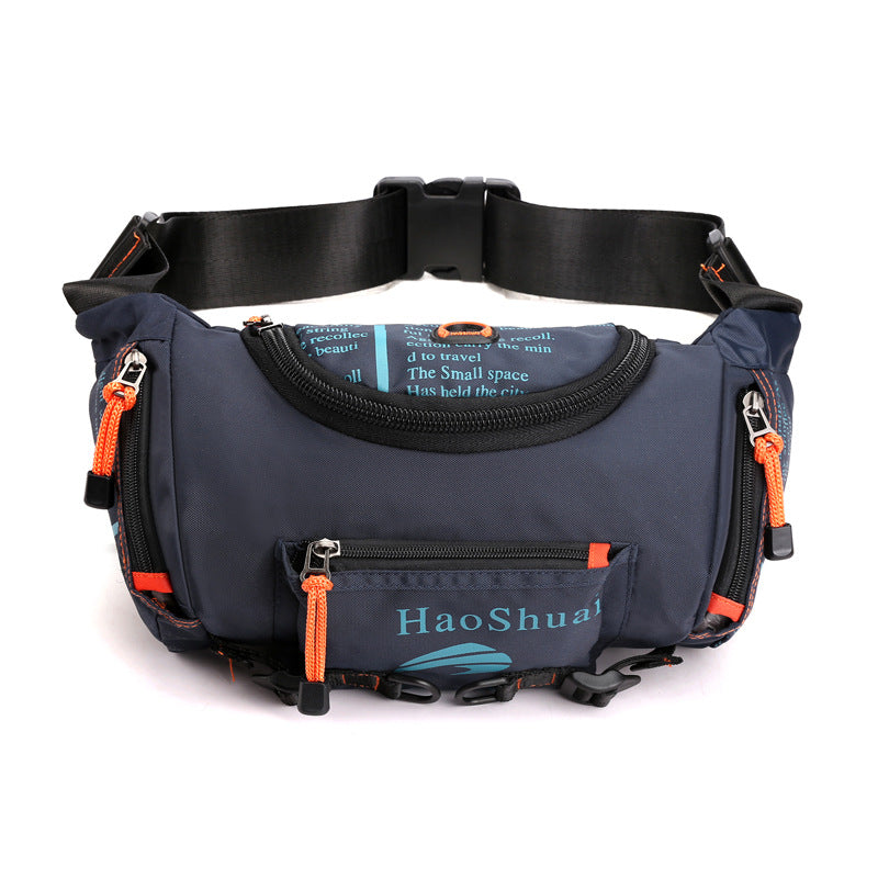 Dark blue waterproof nylon men’s waist bag with orange zipper pulls and black adjustable strap