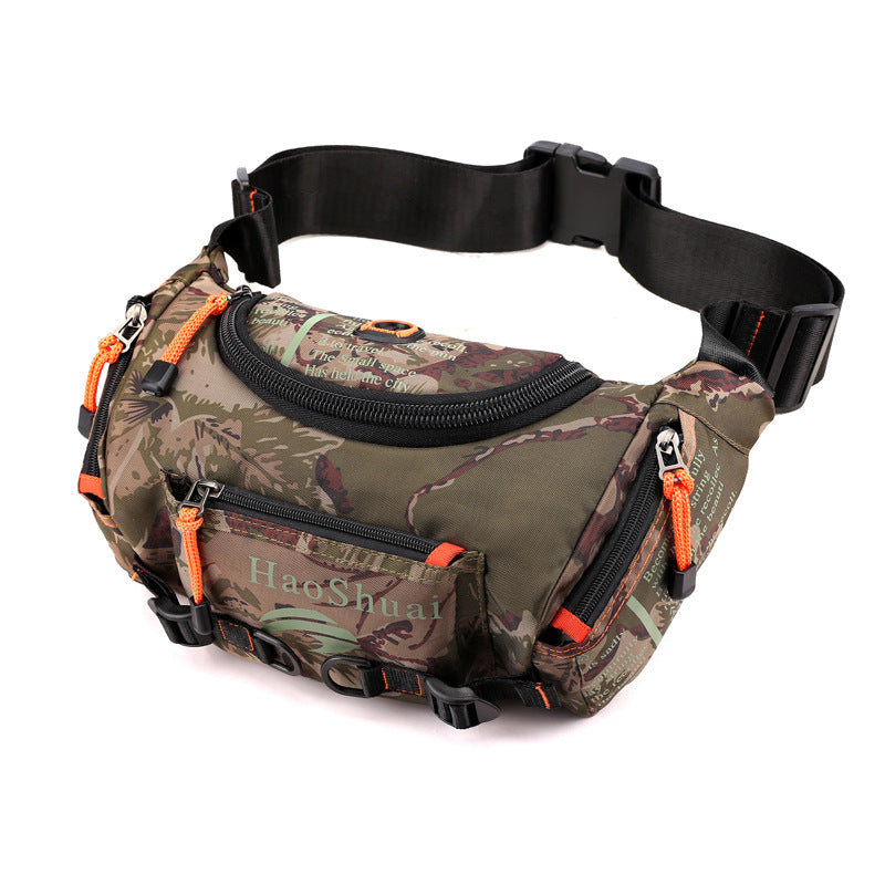 Camouflage waist bag with multiple zipped pockets and adjustable black strap, orange pull tabs