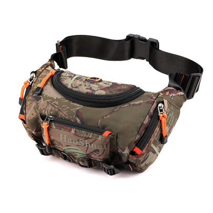 Camouflage waist bag with multiple zipped pockets and adjustable black strap, orange pull tabs
